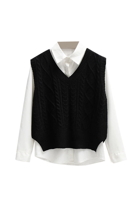 Womens Knit Sweaters Solid Color Long Sleeve Drop Shoulder Collared Shirt and Knitted Vest Relaxed Fit Pullover For Ladies Soft Fashion
