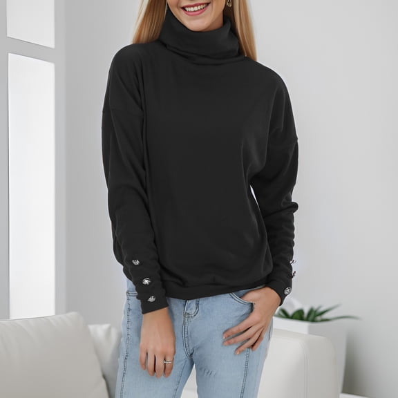 JIAYUE Womens Knit Sweaters Solid Color Long Sleeve Drop Shoulder High Neck Relaxed Fit Pullover For Ladies Soft Comfort