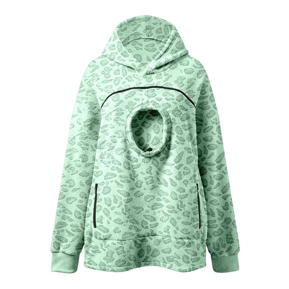 JIAYUE Womens Leopard Print Pet Pocket Hoodie Soft Long Sleeve Pullover Hooded Sweatshirt Built In Front Pet Holding Pocket Cat Graphic Loose Fit Casual Tops,Size,S