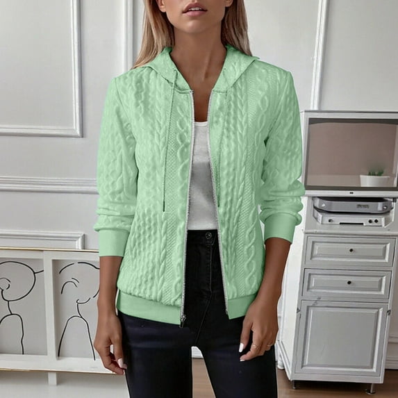 JIAYUE Womens Outerwear Jacket Solid Color Long Sleeve Classic Fit Zipper Quilted Hooded Knitted Sweater Cardigan For Everyday Jacket