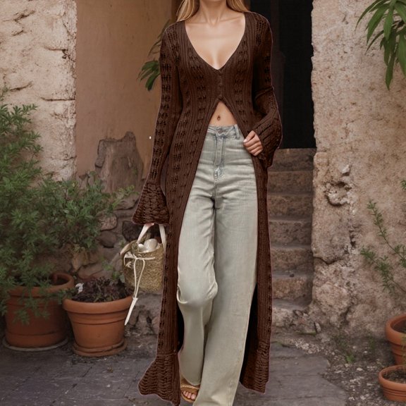 JIAYUE Womens Outerwear Jacket Solid Color Long Sleeve Relaxed Fit Button Front Overcoat Bell Sleeves Long Knitted Cardigan For Autumn Winter Fashionable Choices