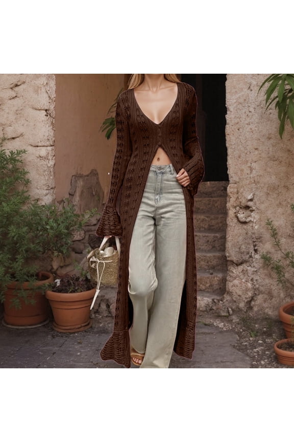 Womens Outerwear Jacket Solid Color Long Sleeve Relaxed Fit Button Front Overcoat Bell Sleeves Long Knitted Cardigan For Autumn Winter Fashionable Choices