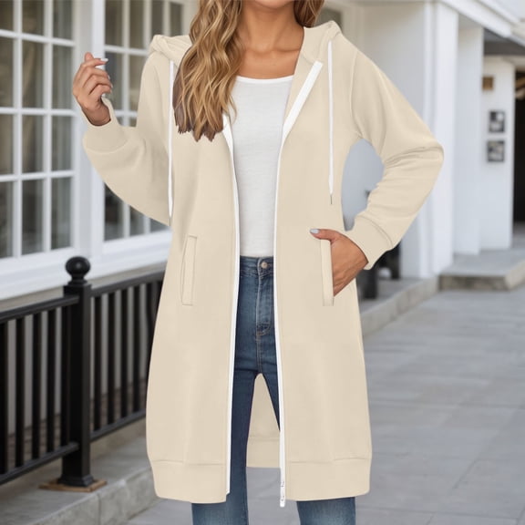 JIAYUE Womens Outerwear Jacket Solid Color Long Sleeve Relaxed Fit Zipper Overcoat Hooded with Pockets For Women Cool Weather Soft Wear
