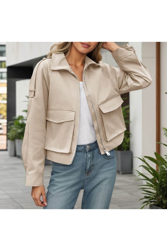 Womens Outerwear Jacket Urban Style Solid Color Long Sleeve Classic Fit Zipper Bomber For Fashionable Wear