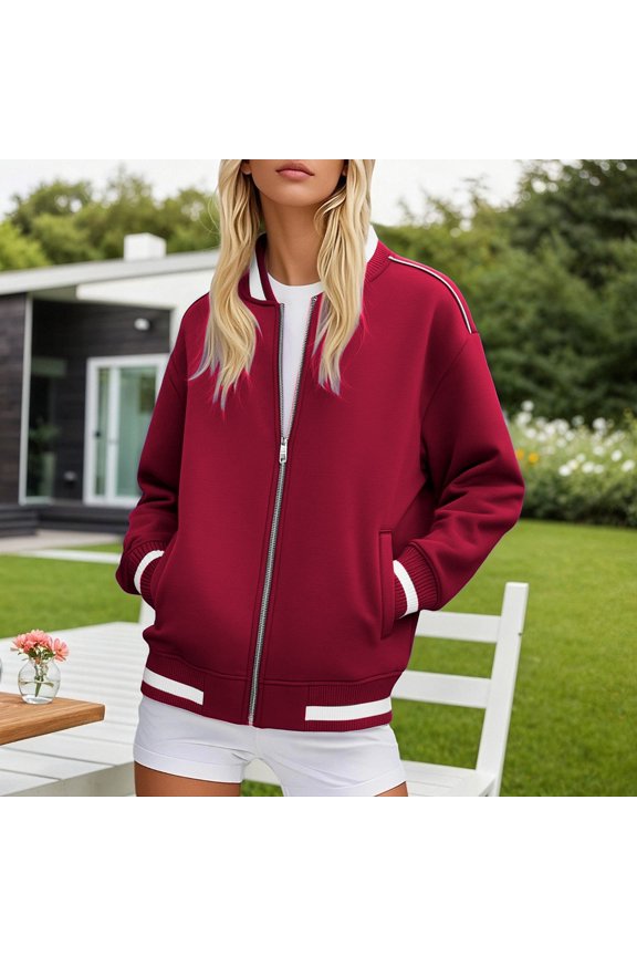 Womens Outerwear Jacket Urban Style Solid Color Long Sleeve Relaxed Fit Zipper Windbreaker For Fashionable Wear