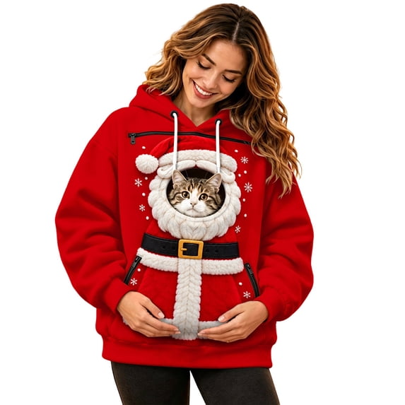 JIAYUE Womens Pet Carrier Sweatshirt Drawstring Hooded Long Sleeve Pullover Top Xmas SANTA Print Front Pets Pocket Christmas Casual Hoodies