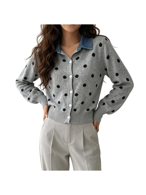 Womens Polka Dot Cardigan Denim Collared Long Sleeve Patchwork Knit Sweater Button Down Tops For Casual Workout