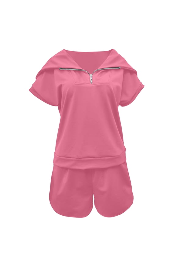 Womens Summer 2 Piece Sweater Sets Short Sleeve Lapel With Zipper Solid Color Outfits Spring Summer Fall Comfortable Relaxed Fit For Everyday Wear Ladies Two Piece Shorts Outfits