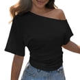 thumbnail image 1 of JIAYUE Womens Summer Tops Fashion Short Sleeve Off The Shoulder Asymmetrical Neck Solid Color Pleated Slim Fit Casual Vacation Female Cozy Tee, 1 of 4
