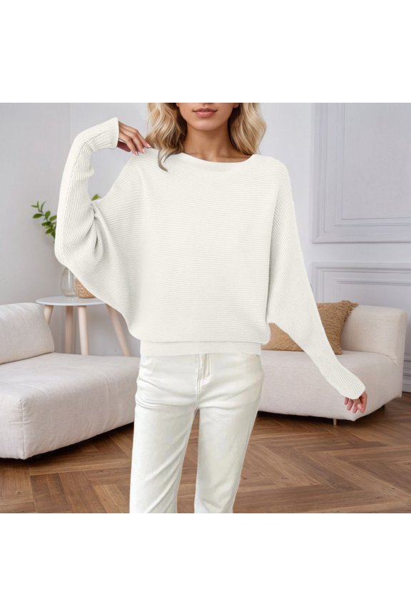 Womens Sweater Solid Color Long Sleeve Boat Neck Relaxed Fit Batwing Sleeves Sweater Pullover For Women Casual Knitwear