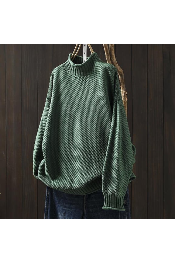 Womens Sweater Solid Color Long Sleeve Mock Neck Relaxed Fit Knitted Pullover For Women Seasonal Base Layer