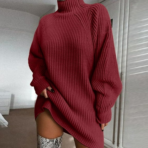 JIAYUE Womens Sweaters Dresses Solid Color Long Sleeve Raglan Mock Neck Oversized Pullover For Ladies Casual Comfort
