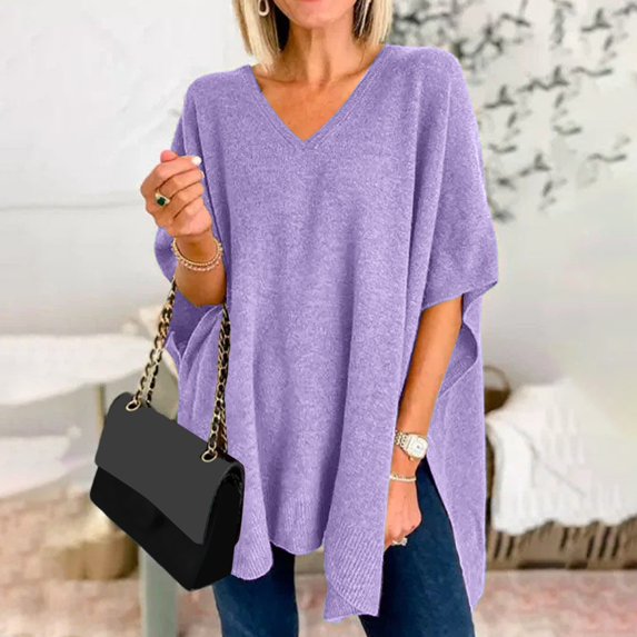 JIAYUE Womens Sweaters Solid Color Elbow-Length Drop Shoulder V-Neck Oversized Pullover For Ladies Soft Comfy Seasonal Loungewear
