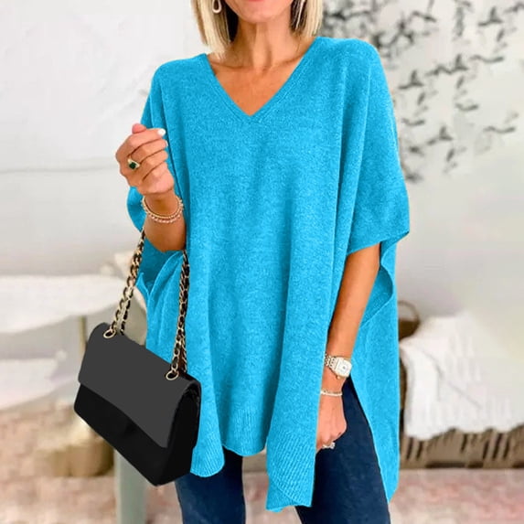 JIAYUE Womens Sweaters Solid Color Elbow-Length Drop Shoulder V-Neck Oversized Pullover For Ladies Soft Comfy Seasonal Loungewear