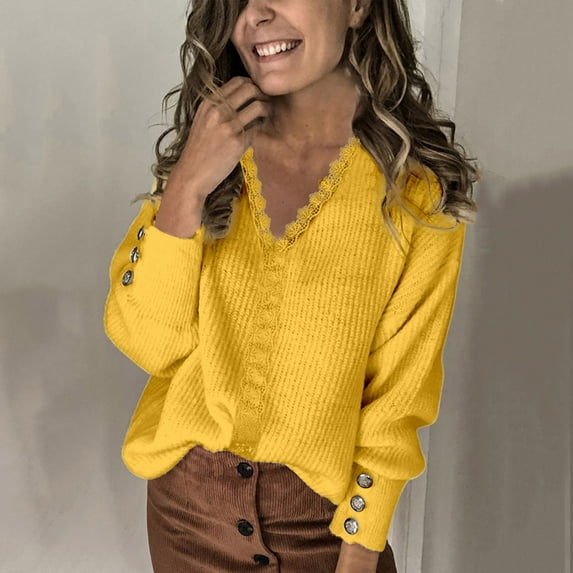 JIAYUE Womens Sweaters Solid Color Long Sleeve Drop Shoulder V-Neck Relaxed Fit Pullover For Women Everyday Style