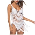 thumbnail image 1 of JIAYUE Womens Swimsuit Cover-Ups Deep V Neck Sleeveless Above Knee Sexy Pure Color Crochet Hollow Tassel Beach Spaghetti Strap Bathing Suit Cover Up Top, 1 of 3
