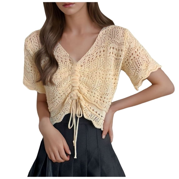 JIAYUE Womens Swimwear Cover-Ups Crochet V Neck Short Sleeve Hollow Solid Color Comfortable Drawstring Crop Shirt Sexy Beachwear Lace Up Bathing Suit Cover Up Top