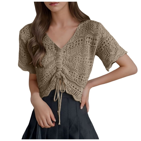 JIAYUE Womens Swimwear Cover-Ups Crochet V Neck Short Sleeve Hollow Solid Color Comfortable Drawstring Crop Shirt Sexy Beachwear Lace Up Bathing Suit Cover Up Top