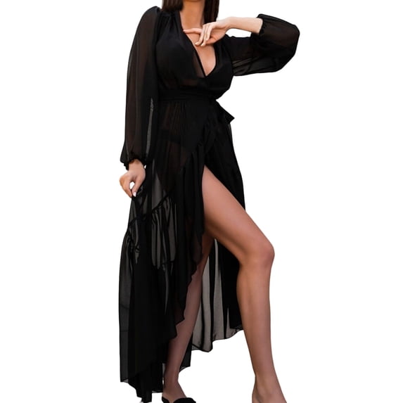 JIAYUE Womens Swimwear Cover-Ups Pure Color V Neck Lace Up Ankle Length Ruffle Hem Breathable Flowy Long Sleeve Beach Comfortable Vacation Swimsuit Cover Up Dresses