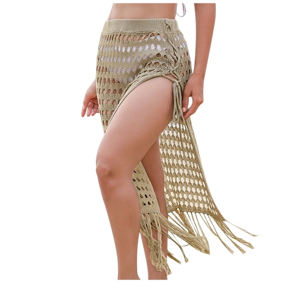 JIAYUE Womens Swimwear Cover-Ups Solid Color Mid-Calf Summer Side Slit Lace Up Beach Mesh Lightweight Cozy Tassel Hollow Out Beach Swimsuit Cover Up Skirt