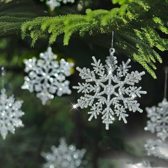 JIAYUEZHAO 36 Pack Snowflakes Christmas Tree Decorations, Plastic Glitter SilverSnow Flakes Ornaments, Christmas Indoor Winter Wonderland Decor