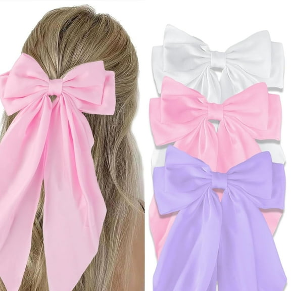 JIAYUEZHAO 3Pcs Big Bow Hair Barrettes,White Pink Purple Silky Satin Large Bows Hair Clip Oversized Hair Ribbons Long Tail Big Bows Hair Accessories,7.08*14.7inch