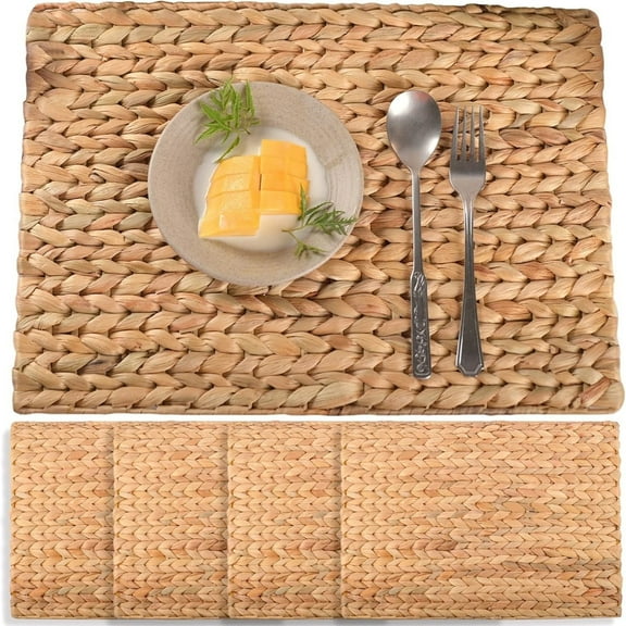 JIAYUEZHAO Square Water Hyacinth Boho Wicker Rattan Heat Resistant Placemats Set of 4 16 x 12 Inch