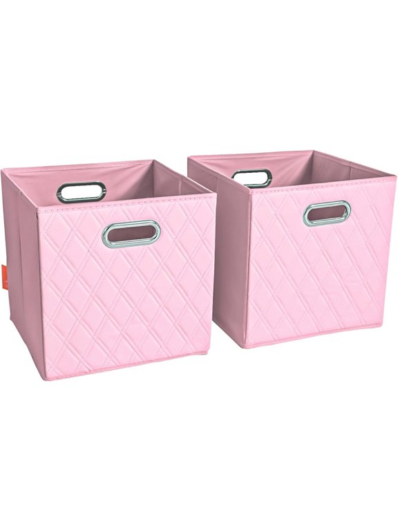 JIAessentials 12" Faux Leather Foldable Storage Cube Bins Set of 2 Pink Diamond Patterned Organizers with Handles for Closet & Shelves