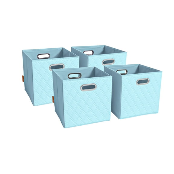 JIAessentials Large 13-inch Blue Foldable Diamond Patterned Faux Leather Storage Cube Bins Set of Four with Dual Handles for living room, bedroom and office storage