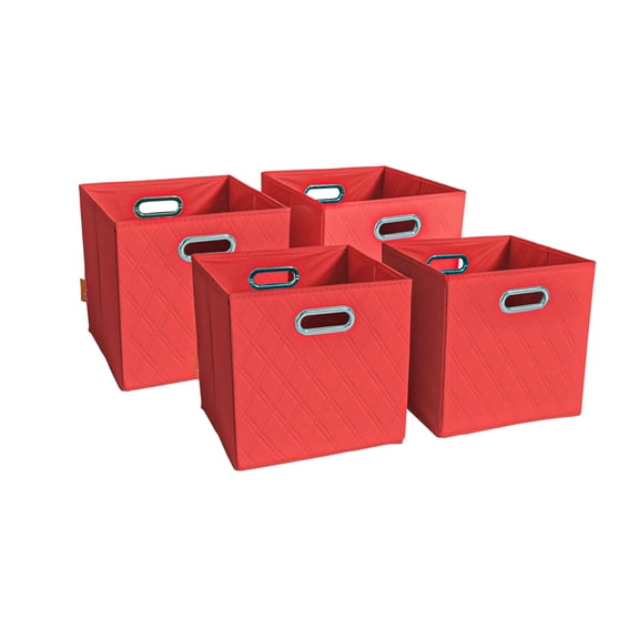 JIAessentials Set of 4 Foldable Faux Leather Cube Storage Bins Collapsible Baskets 11 inch with Dual Handles - Red Small
