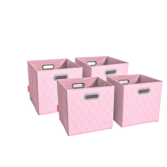 JIAessentials Set of 4 Foldable Faux Leather Cube Storage Bins Collapsible Baskets 12 inch with Dual Handles - Pink Medium