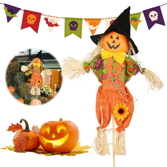 JIAnyrg Halloween Scarecrow Decorations 21.6 inch Fall Harvest Standing Thanksgiving Scarecrows with Bow for Autumn, Garden, Yard, Porch Decor Yellow