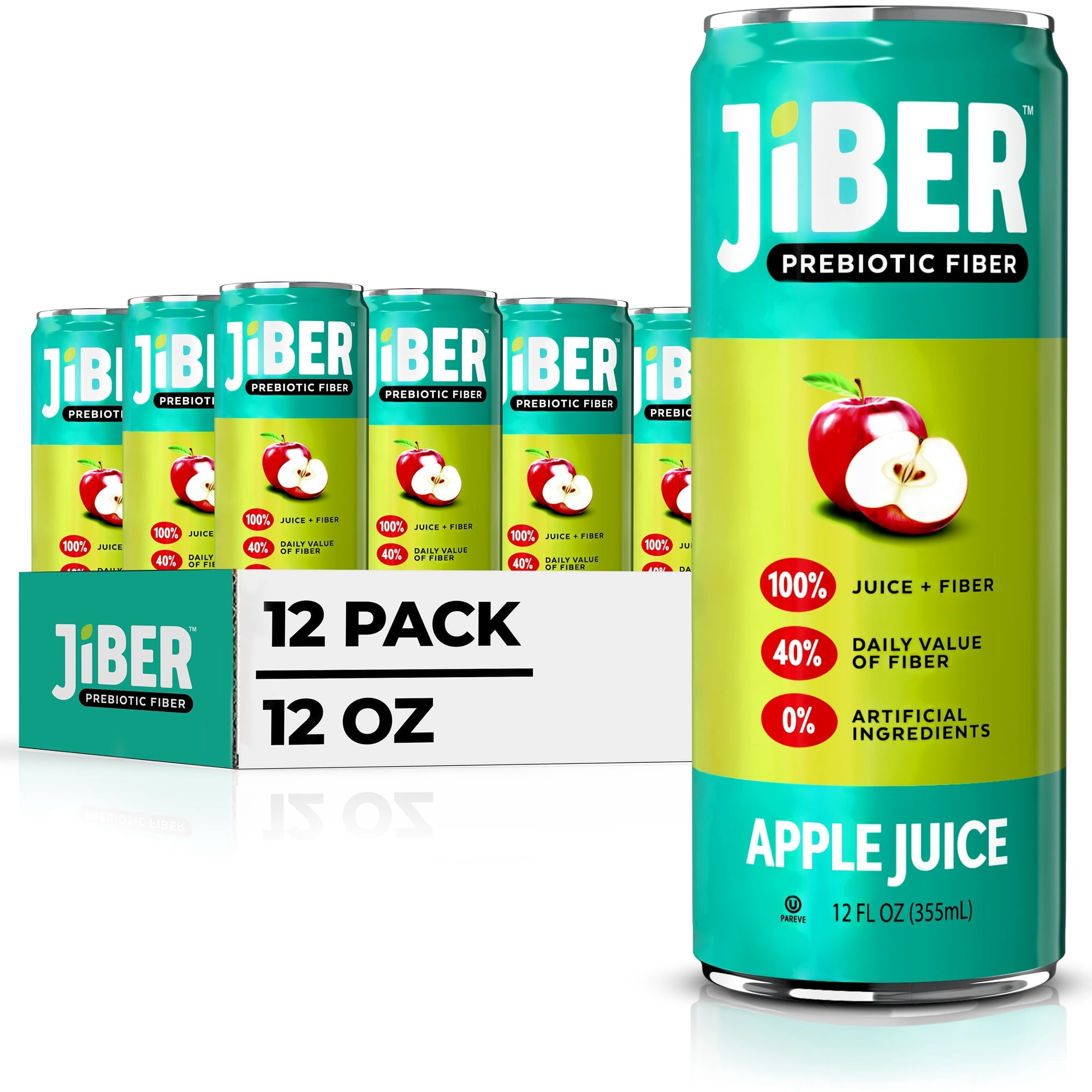 JIBER High Fiber Apple Juice Drink - No Sugar Added - 12 fl oz Apple Juice Cans with 40% Daily Fiber Supplement - Prebiotic Drink- Healthy Drinks for Kids - Juice for Teens, Adults & Seniors -12 pack