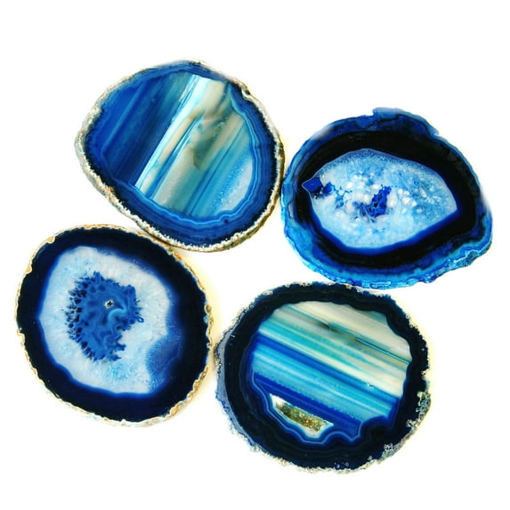 JIC Gem Blue Agate Coasters 4 Pcs with Rubber Bumper 3-3.5"