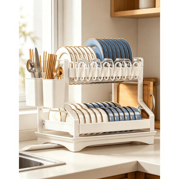 JICHANG Double-Layer Dish Drying Rack 16.5’‘×12.7’‘×13’', Multifunctional Kitchen Utensil Holder with Knife & Chopstick Slot, Space-Saving & Efficient Drainage White