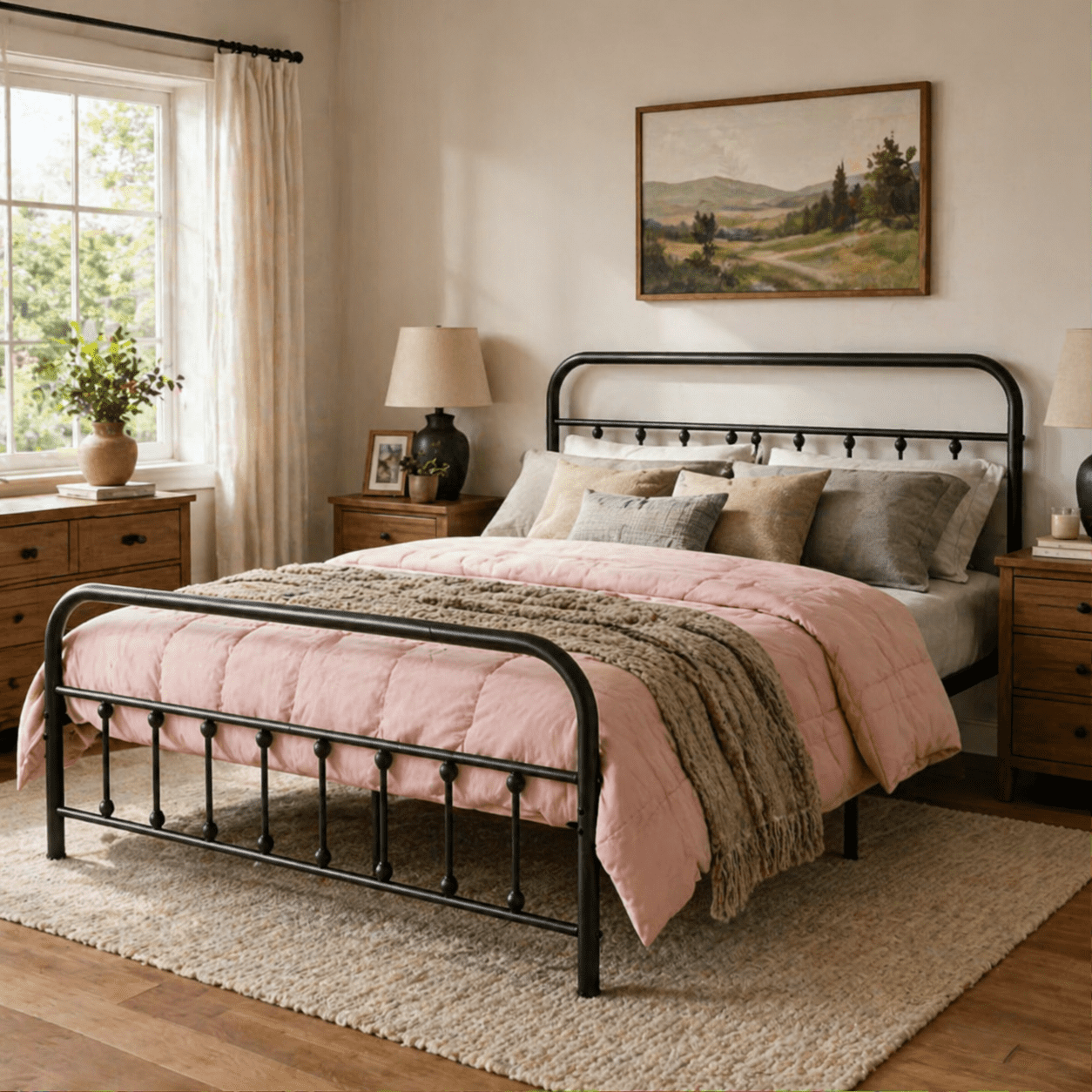 Gewnee Queen Metal Bed Frame - Sturdy Slats & Center Support, Bedroom, Guest Room, Dorm, Black