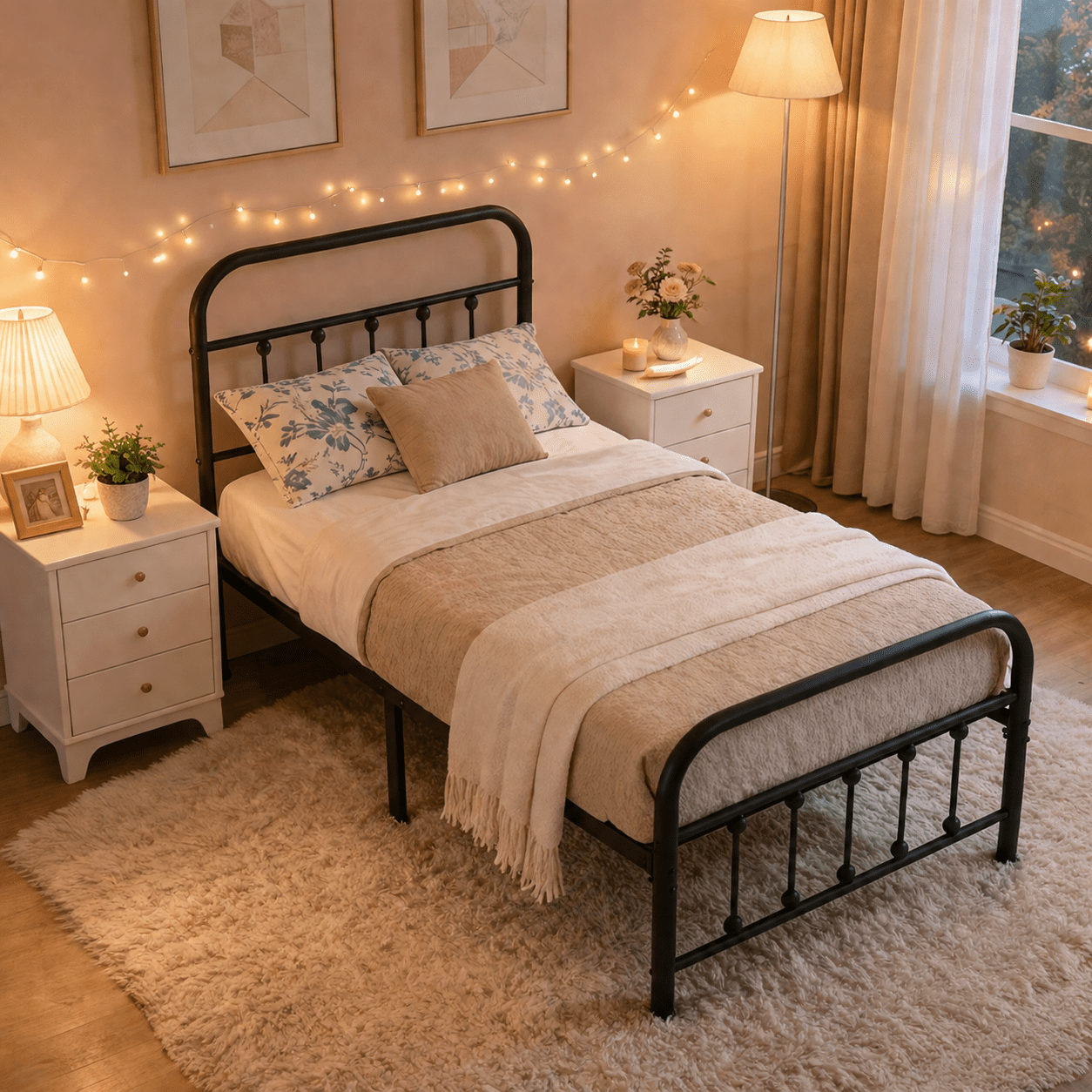 Gewnee Twin Metal Bed Frame - Sturdy Slats & Center Support, Bedroom, Guest Room, Dorm, Black