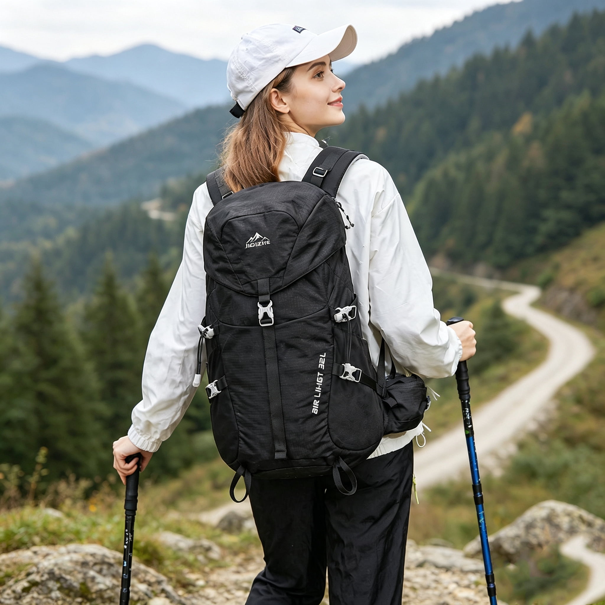 JIDIZHE 32L Hiking Backpack with Internal Frame and Rain Cover, Lightweight Pack Equipped with Adjustable Chest Strap, Breathable Unisex Daypack for Hiking, Camping and Travel，Black