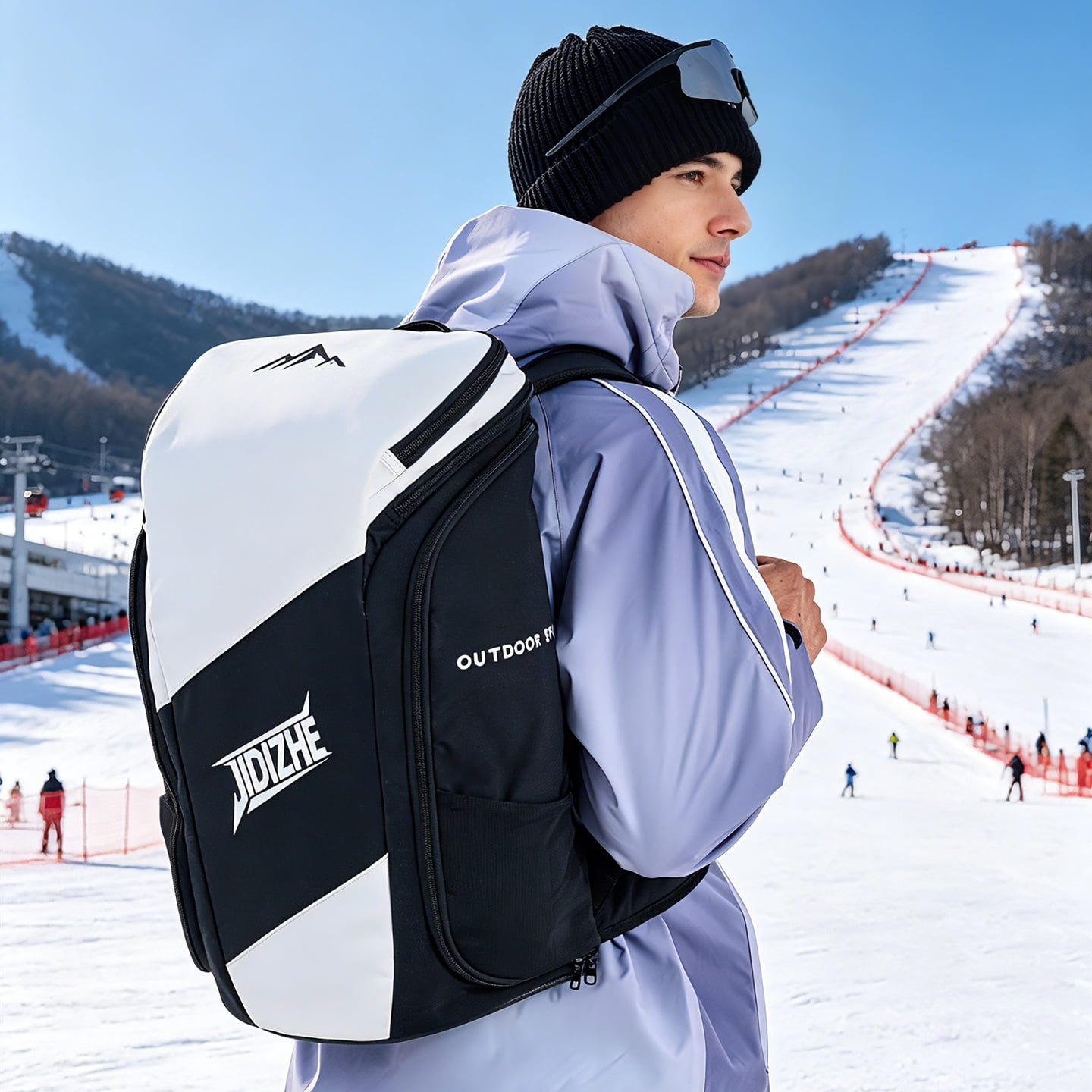 JIDIZHE Ski Boot Backpack Water-Resistant Textured Fabric 12.6 x 7.5 x 20.5 in for Snow Travel, Black and White