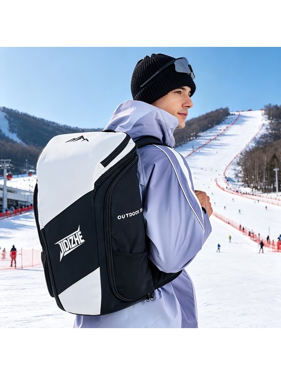 Ski Boot Backpack Water-Resistant Textured Fabric 12.6 x 7.5 x 20.5 in for Snow Travel, Black and White