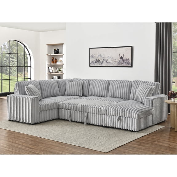 JIE LISHUN 122“ Oversized Sectional Sleeper Sofa with Pullout Bed, U Shape Sectional Couch for Apartment Living Room, 6 Seat Corduroy Sofa with USB Port, Grey