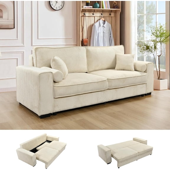 JIE LISHUN 91''Queen Size Sleeper Sofa with Pull Out Bed - Modern Convertible Loveseat Sleeper Couch with Storage and Armrest Pillows for Living Room, Apartment (Beige)