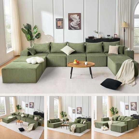 RENDGO U Shaped Modular Boneless Sectional Sofa for Living Room, 156" Large 8 Seates Convertible Corduroy Couch, No Assembly Needed (Green)