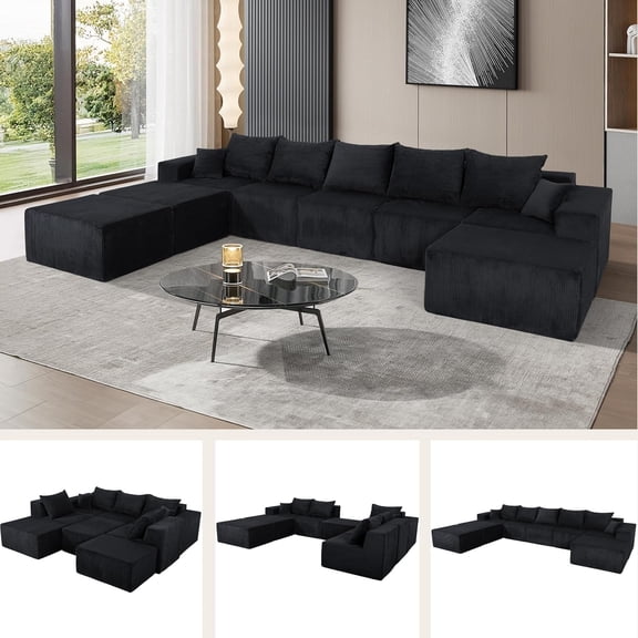 JIE LISHUN U Shaped Modular Boneless Sectional Sofa, 156" Large Convertible Couch with Oversized Chaise Lounge and Bed, No Assembly Needed, 8 Seates Boneless Couchs (Black)