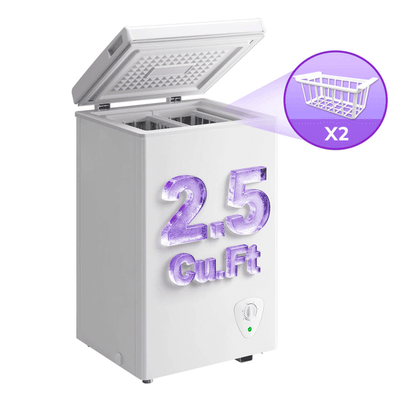 JIEJIA 2.5 cu.ft Compact Chest Freezer, Mini Freezer with Adjustable Temperature, 2 Removable Baskets, Top Open Door, Energy Saving, Black