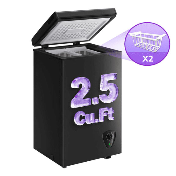 JIEJIA 2.5 cu.ft Compact Chest Freezer, Mini Freezer with Adjustable Temperature, 2 Removable Baskets, Top Open Door, Energy Saving, White
