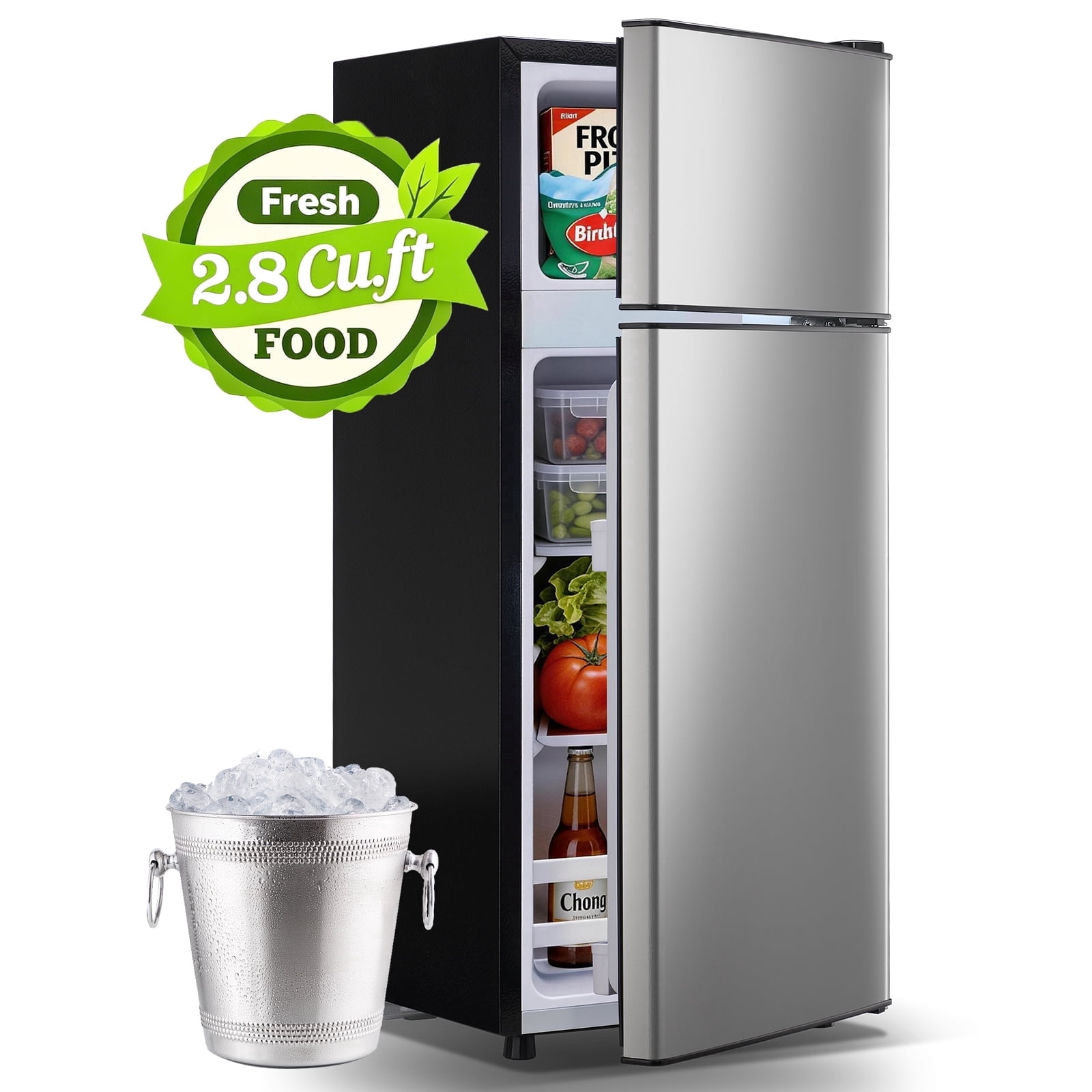 JIEJIA 2.8 Cu.ft Mini Fridge with Freezer Bedroom, 2 Door Office Small Refrigerator, Silver