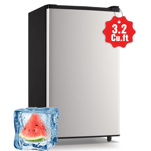JIEJIA 3.2 Cu.ft. 1-Door Mini Fridge Stainless Steel Glass Door Refrigerator, Silver