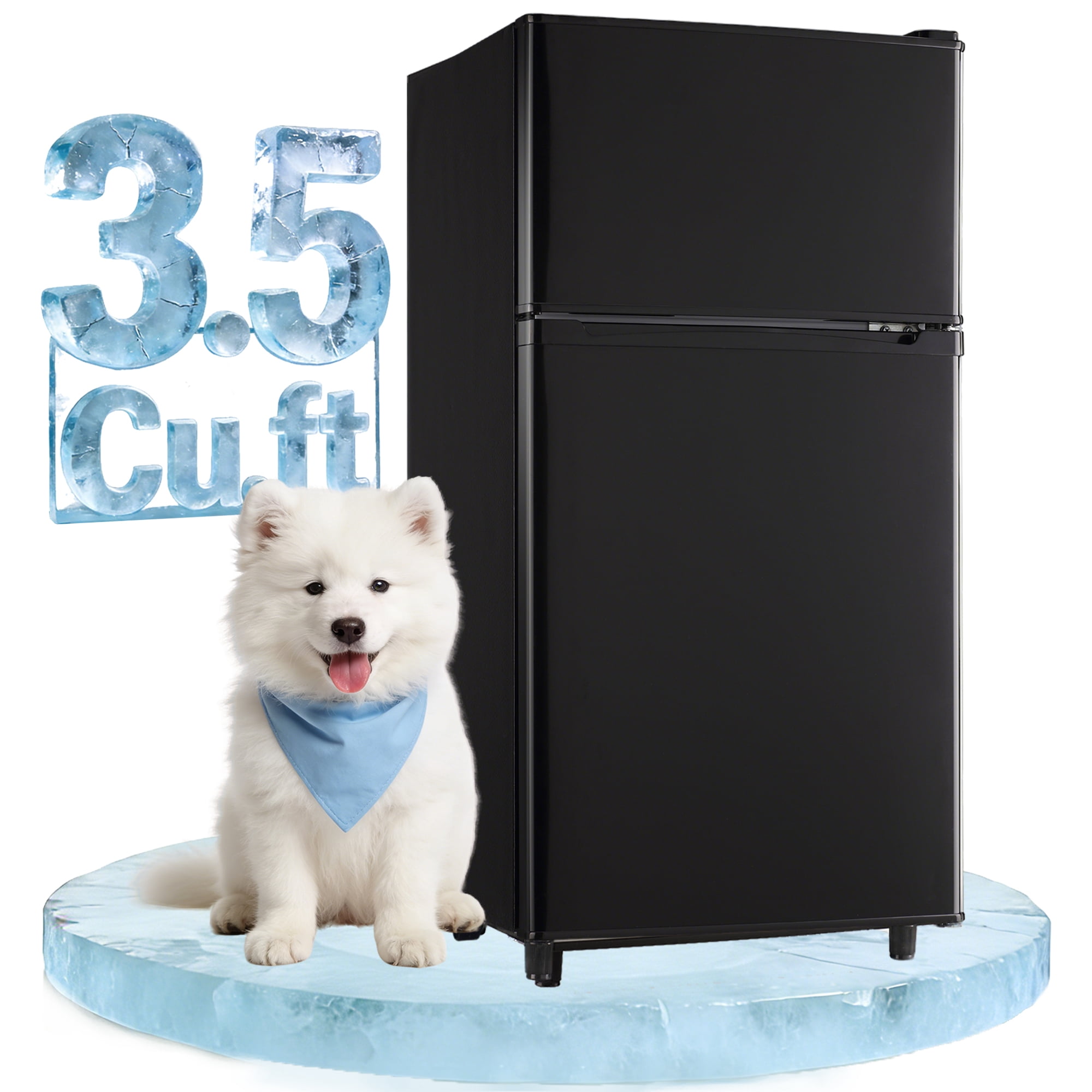 JIEJIA 3.5 Cu.ft Mini Fridge with Freezer, Double Door Compact Refrigerator, 7-Temp Adjustable, Removable Glass Shelves for Kitchen, Dorm, Office, Apartment, Black