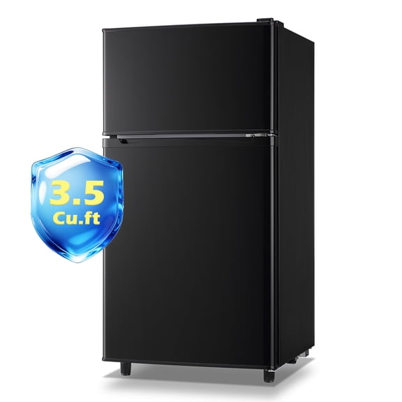 JIEJIA 3.5 Cu.ft Mini Fridge with Freezer, Double Door Compact Refrigerator, 7-Temp Adjustable, Removable Glass Shelves for Kitchen, Dorm, Office, Apartment, Black